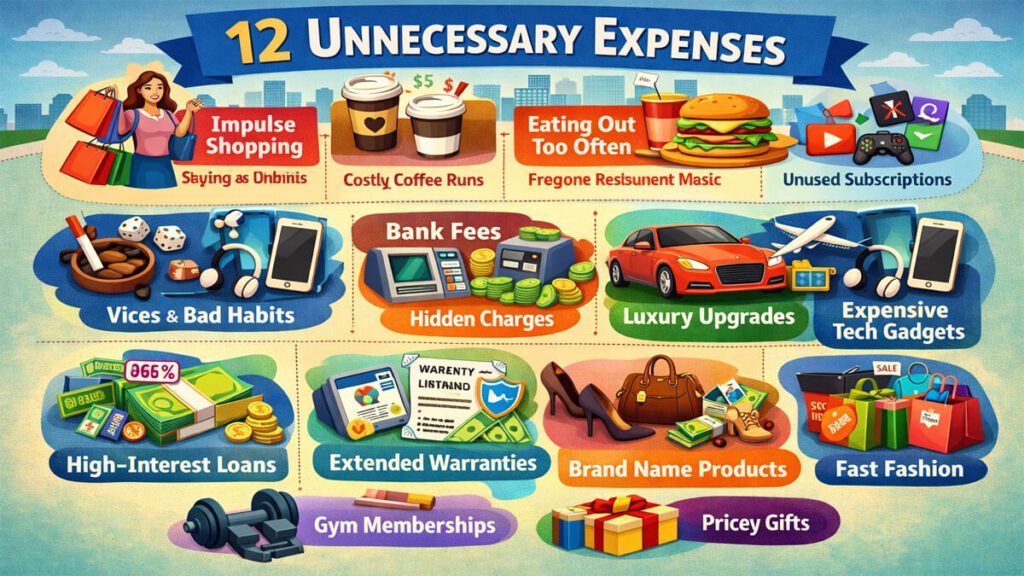 12 unnecessary expenses examples including impulse shopping, costly coffee, eating out, unused subscriptions, bank fees, luxury upgrades, gadgets, loans, warranties, fast fashion, gym memberships, and pricey gifts