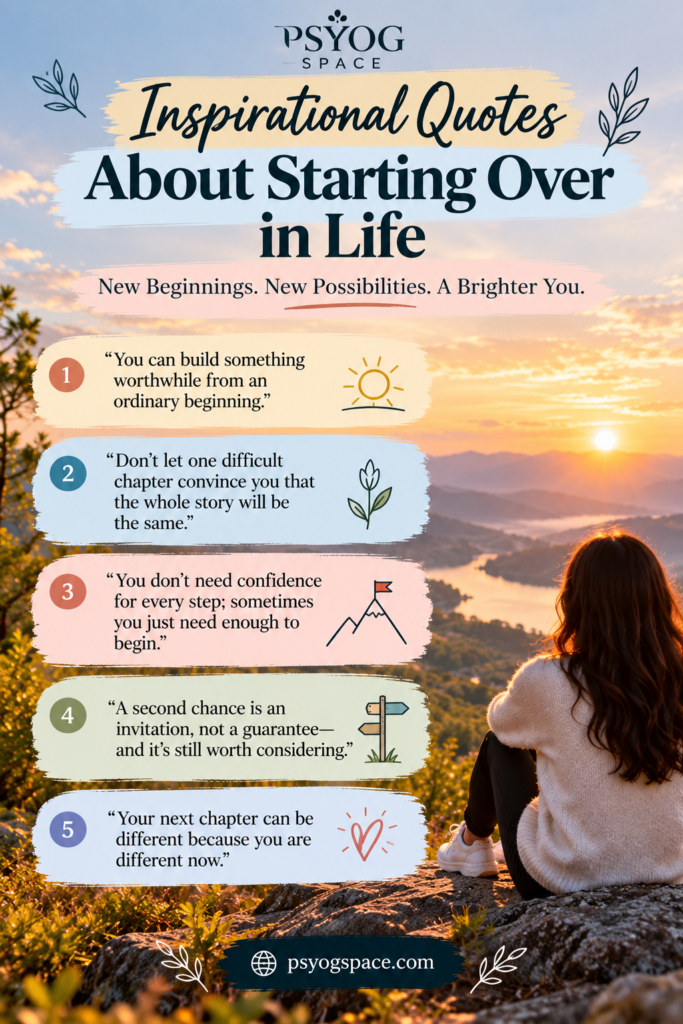 Deep short quotes about starting over in life, featuring five inspirational quotes about fresh starts, personal growth, and new beginnings by PsyogSpace.