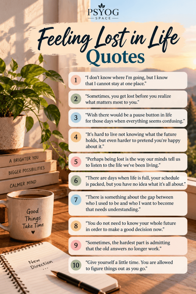 Feeling Lost in Life Quotes featuring 10 reflective quotes about uncertainty, finding direction, and starting over, displayed on a warm background with a coffee mug, books, a plant, and an open journal.