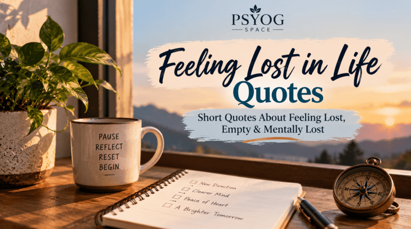 Feeling lost in life quotes by PsyogSpace, featuring a journal, compass, coffee mug, and sunrise landscape.