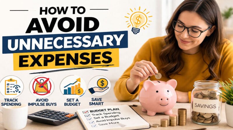 How to avoid unnecessary expenses showing a person saving money in a piggy bank with budgeting, tracking spending, and smart saving tips