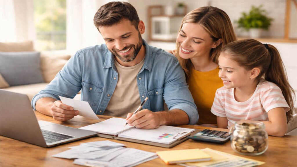 Man planning finances with his family at home – How to Create a Monthly Budget for a Family