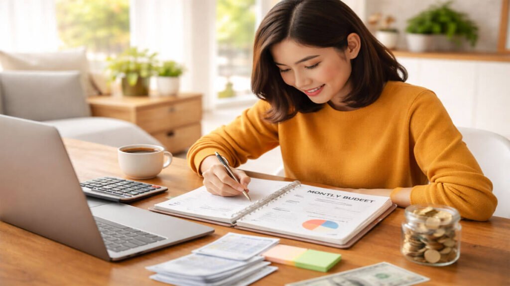 Person creating a monthly budget at home – How to Create a Monthly Budget for beginners using a planner and calculator