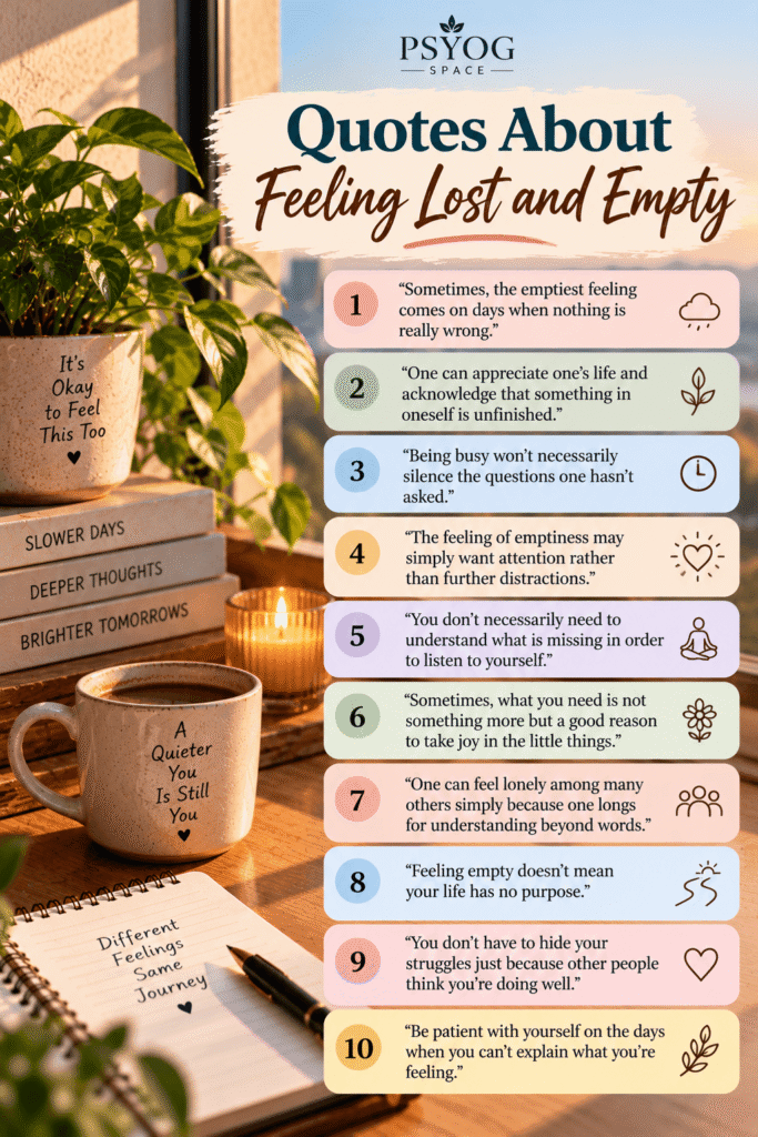 Quotes about feeling lost and empty featuring 10 thoughtful quotes about loneliness, inner emptiness, self-understanding, and finding meaning, displayed on pastel panels beside books, a coffee mug, a candle, and a journal by PsyogSpace.