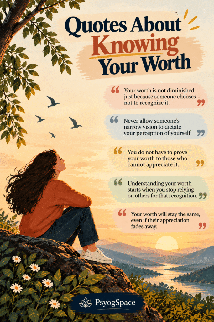 Quotes About Knowing Your Worth featuring five inspirational quotes about self-respect, recognising your personal value, and not depending on others for validation, illustrated by PsyogSpace.