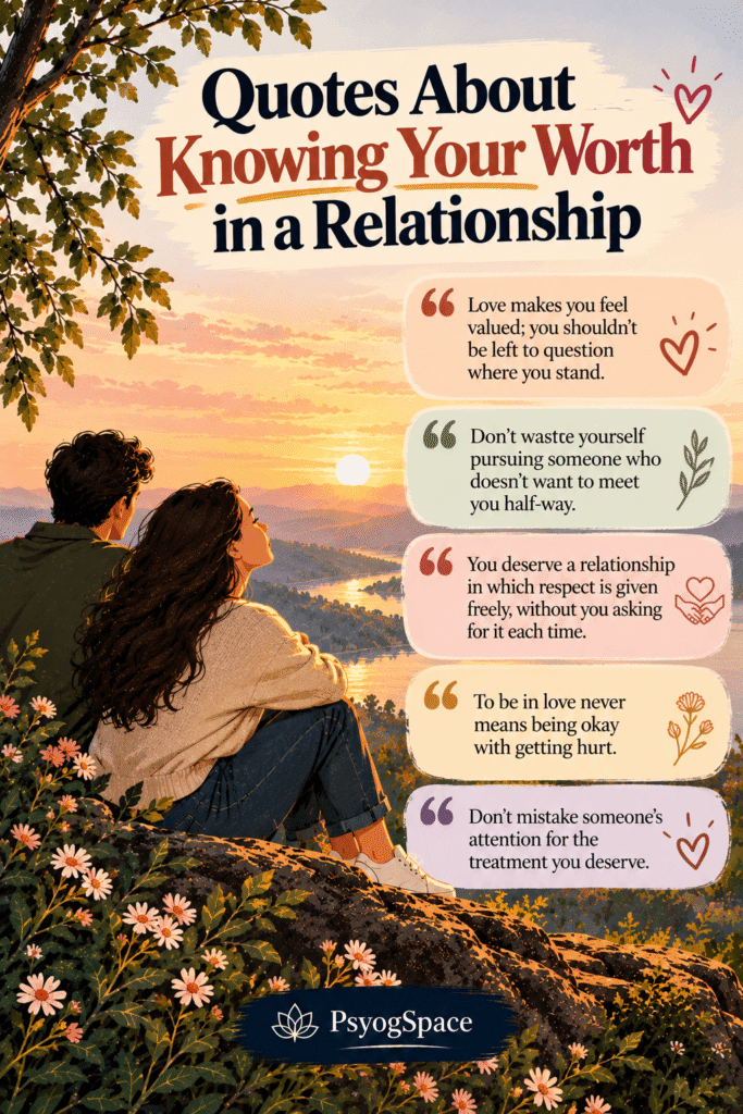 Quotes About Knowing Your Worth in a Relationship featuring five inspirational quotes about mutual respect, self-respect, healthy boundaries, and recognising your value in love, illustrated by PsyogSpace.