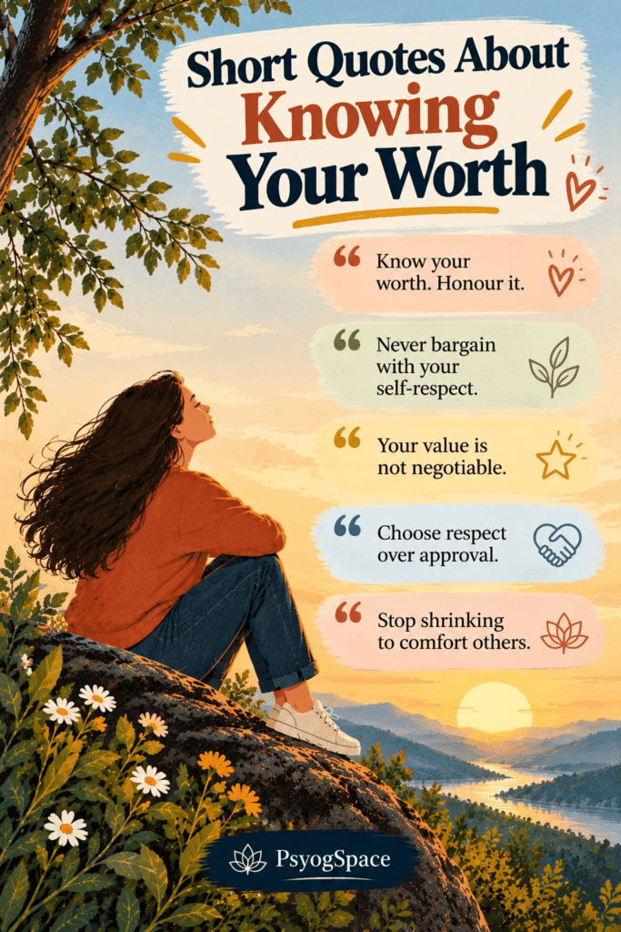 Short Quotes About Knowing Your Worth featuring five inspirational quotes about self-respect, confidence, personal value, and setting boundaries, with a motivational landscape illustration by PsyogSpace.