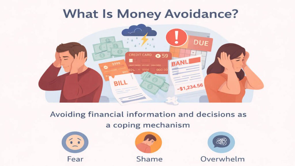 Illustration showing a man and woman turning away from bills, credit cards, and financial alerts, representing what is money avoidance and emotional coping with finances.