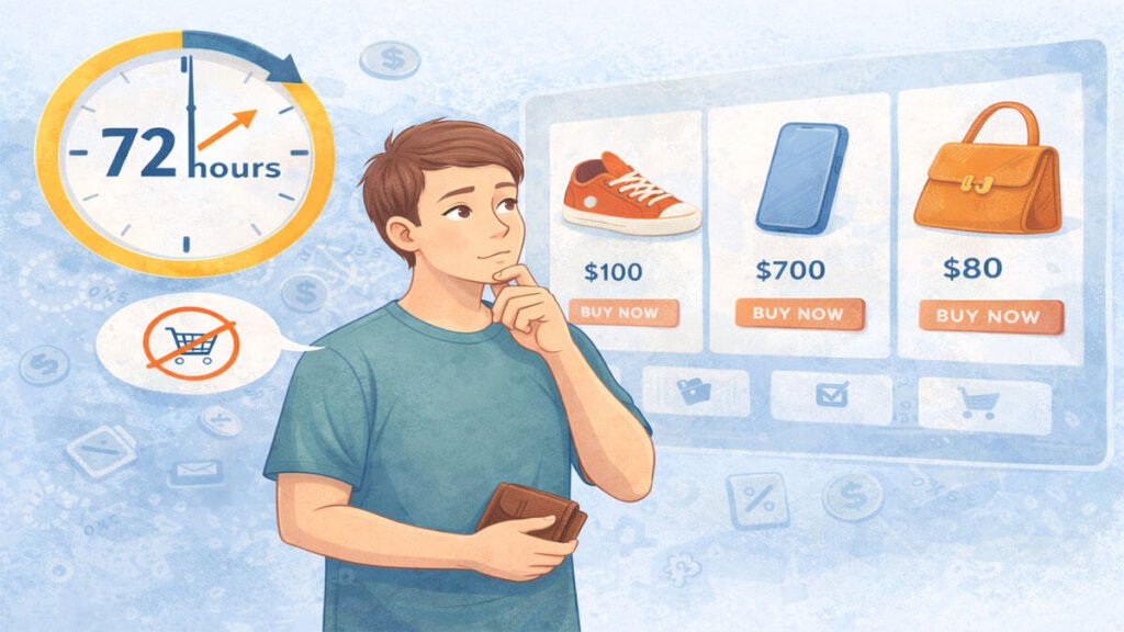 Illustration explaining what is the 72-Hour Rule for Spending showing a person looking at items but waiting before buying