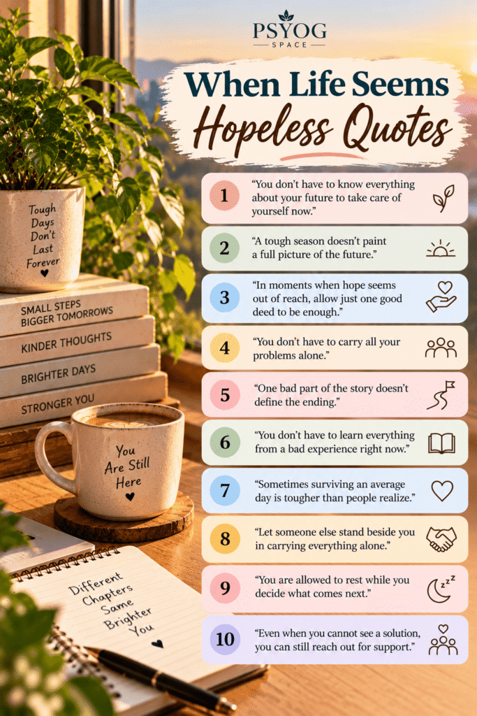 When Life Seems Hopeless Quotes featuring 10 encouraging quotes about difficult times, finding hope, self-care, and reaching out for support, displayed on pastel quote cards with a coffee mug, books, a plant, and an open journal by PsyogSpace.