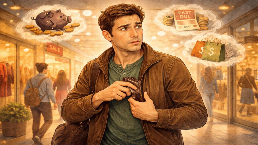 Man hesitating to take his wallet out in a shopping mall, illustrating chrometophobia or fear of spending money.