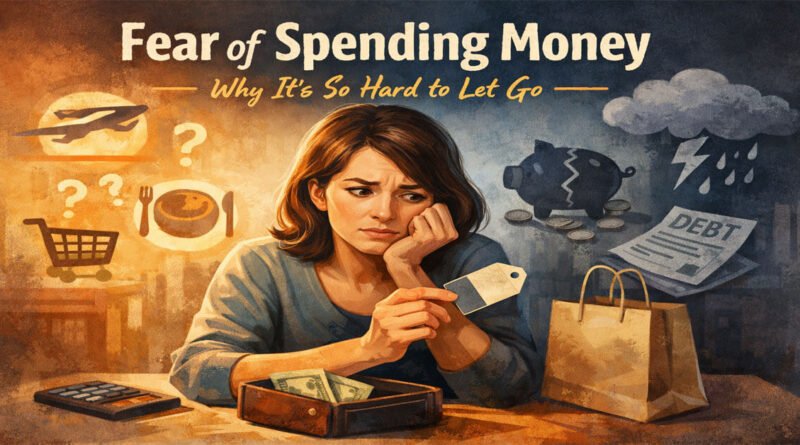 Woman feeling anxious about spending money while holding a price tag, illustrating the psychological fear of spending money and financial anxiety