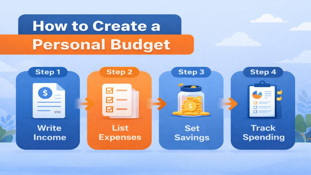 Infographic showing how to create a monthly budget in 4 simple steps: write income, list expenses, set savings, and track spending