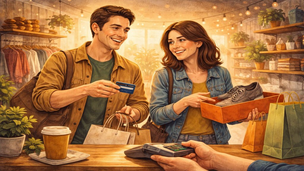 Person happily paying for shopping items, symbolizing how to overcome fear of spending money.