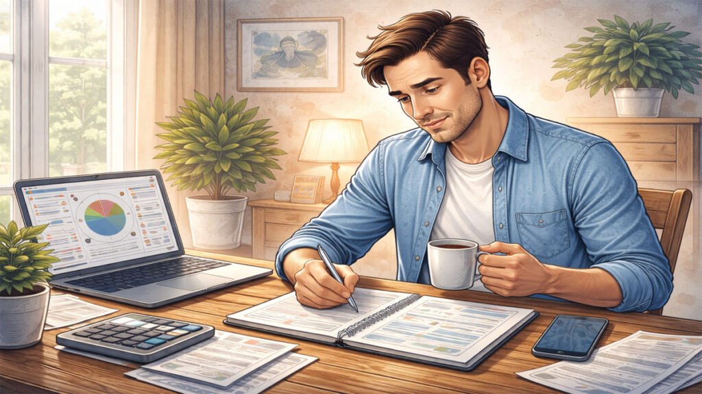 Man calmly planning his finances at desk with notebook and laptop, illustrating how to overcome money anxiety