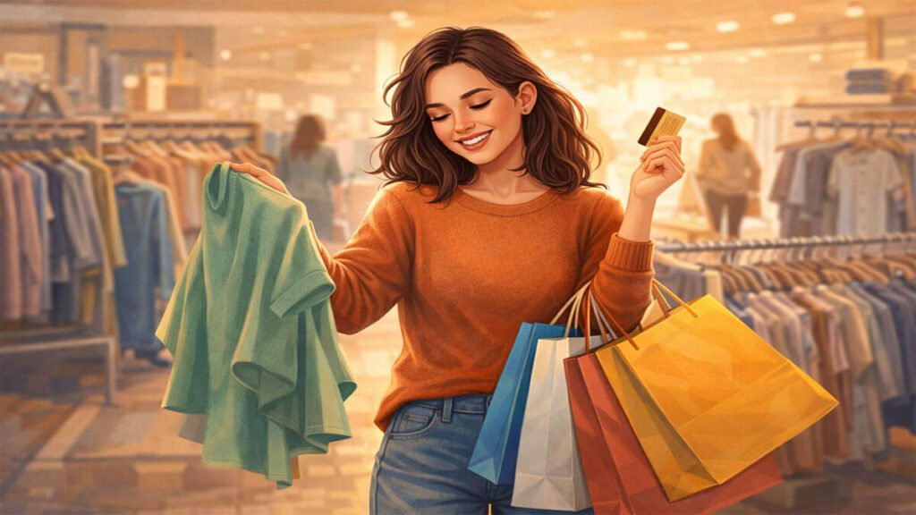 Happy woman shopping confidently showing how to stop feeling guilty about spending money