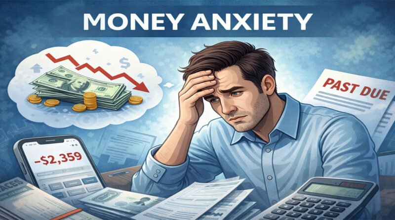 Stressed man sitting at desk with bills and calculator, illustrating money anxiety and financial stress