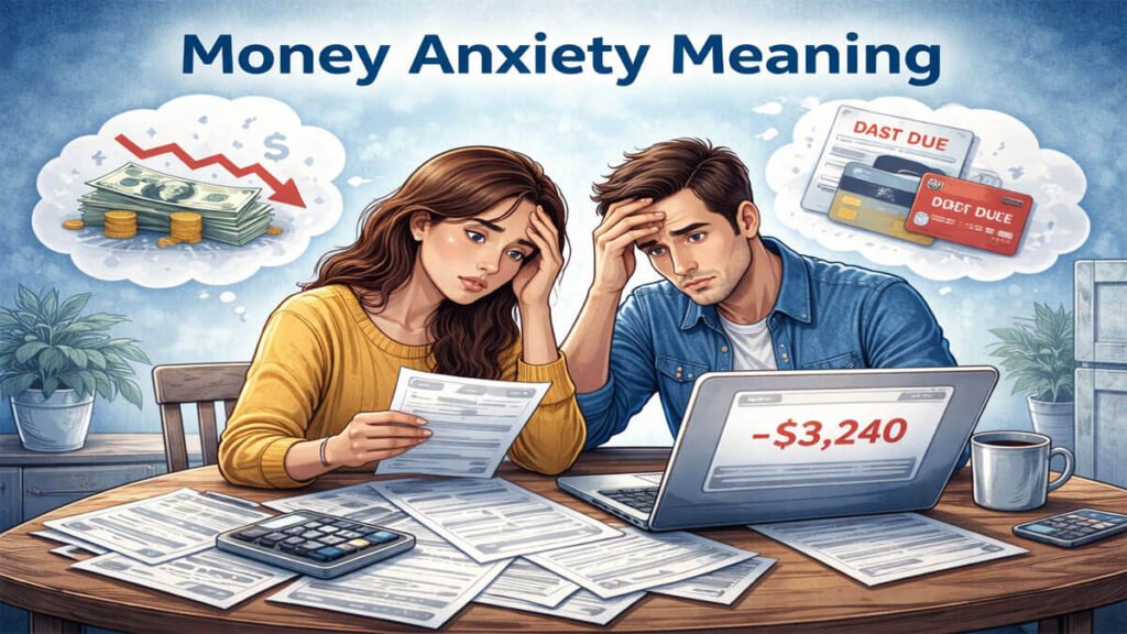 Couple reviewing bills at table looking stressed, illustrating money anxiety meaning