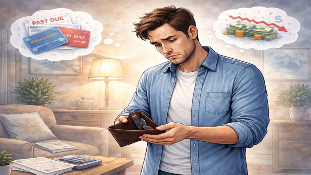Man holding open wallet and looking worried, showing symptoms of money anxiety