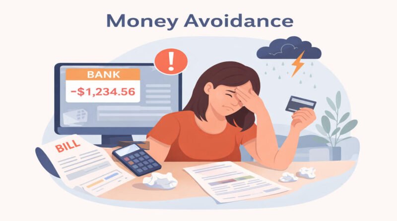 Woman feeling stressed while ignoring bills and bank balance on computer screen, illustrating money avoidance behavior and financial anxiety.