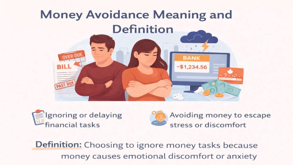 Infographic explaining money avoidance meaning and definition, showing people ignoring bills and bank balance due to financial stress and emotional discomfort.