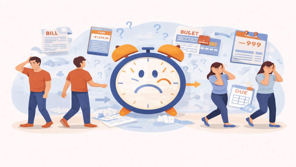 Illustration of people turning away from bills, bank alerts, and financial reminders around a sad alarm clock, representing money avoidance script and emotional avoidance of finances.