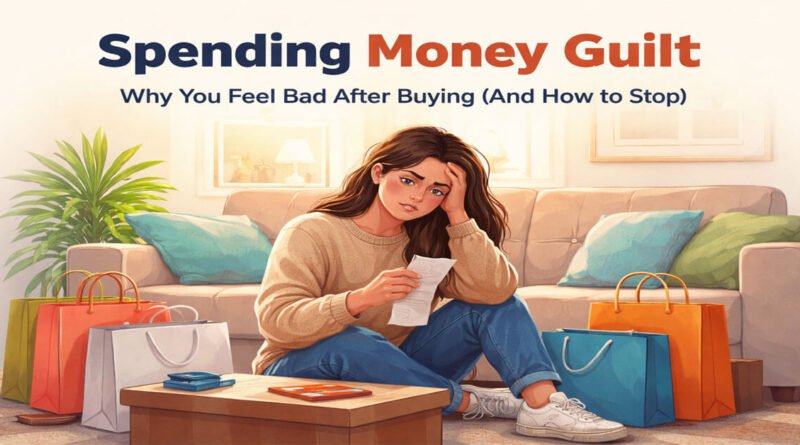 Spending money guilt concept – woman sitting with shopping bags and receipt looking stressed after buying, representing regret and financial anxiety