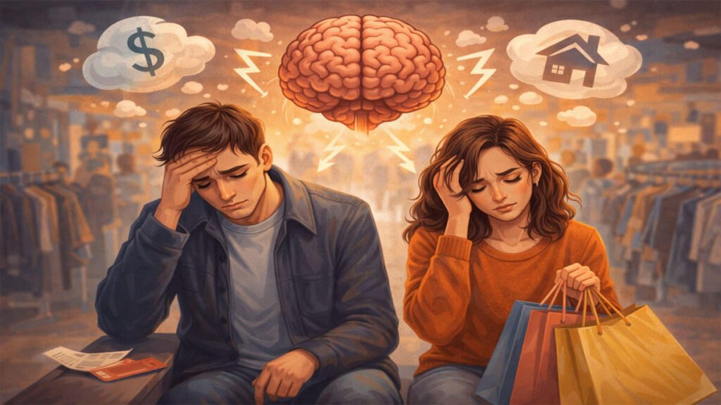 Illustration showing spending money guilt psychology with people feeling stressed after shopping and thinking about money decisions
