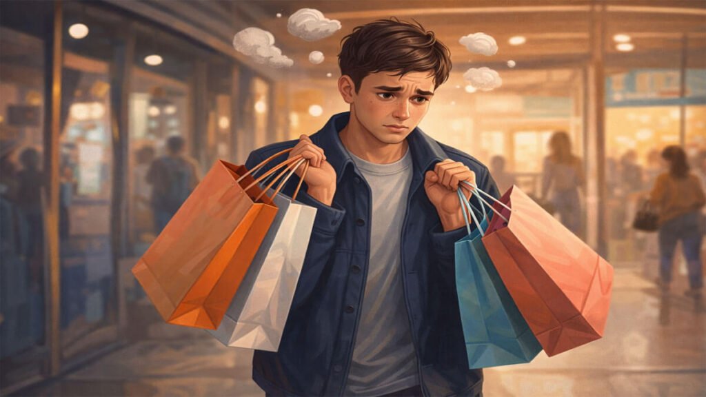 
Man carrying shopping bags looking guilty and stressed after spending money, representing spending money guilt and regret